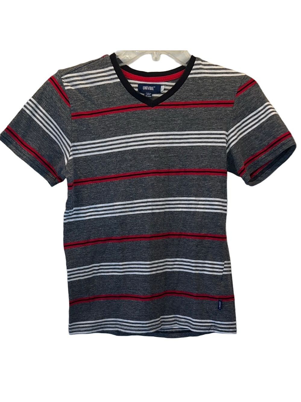 Univibe Gray V-Neck Short Sleeve Tee with Red & White Stripes